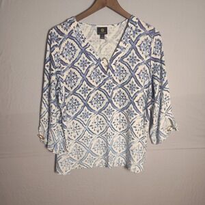 JM Collection Womens Blue White Geometric Tile Print 3/4 Sleeve Blouse PL Petite